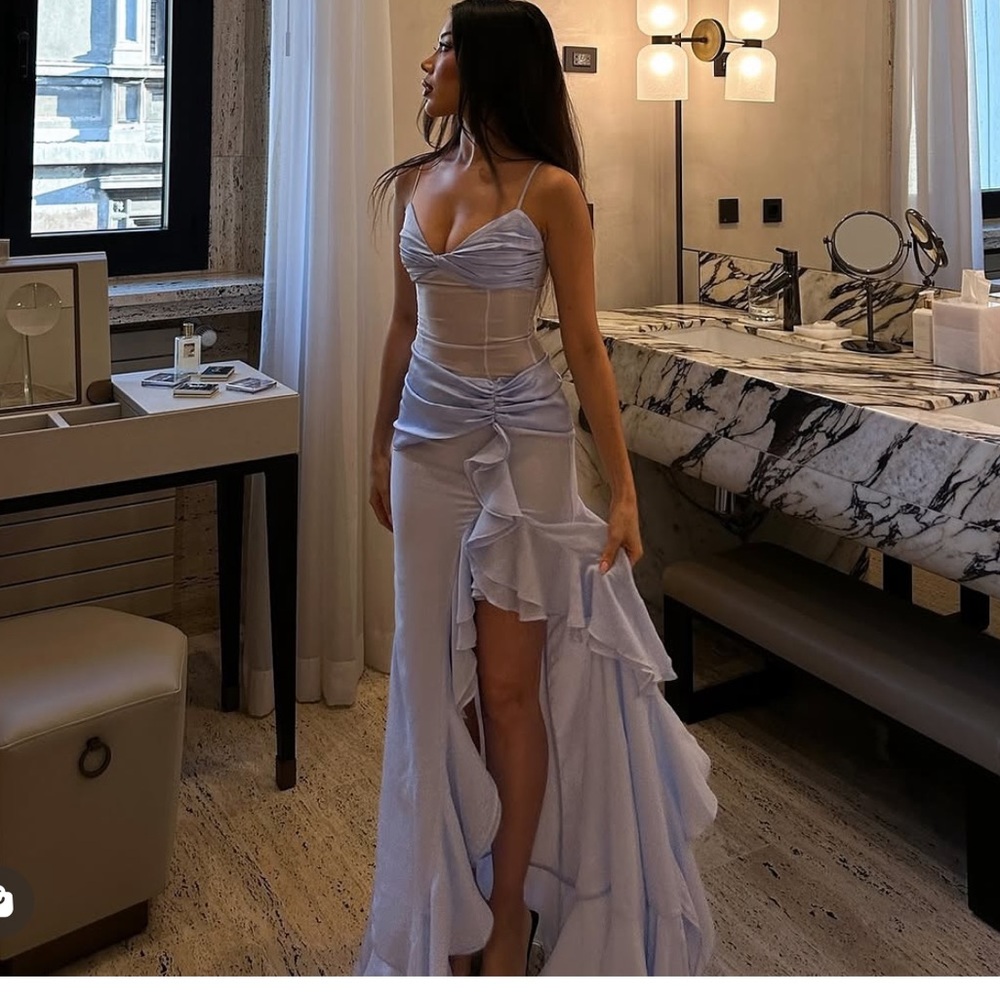 Lacy Blue Ruched Breast High Slit Chiffon Dress-last size SALE